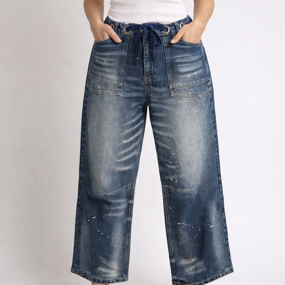 Flamingals woman jeans 2xl skater style paint distress Denim Blue Wide Leg Jeans